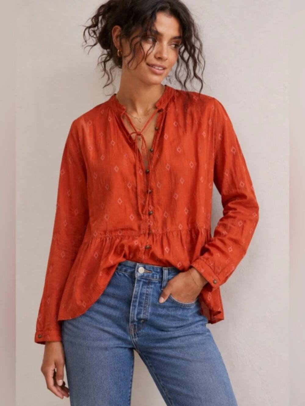 Pilcro Anthropologie Rust Orange Tiered Tunic Blouse Embroidered Boho Cotton